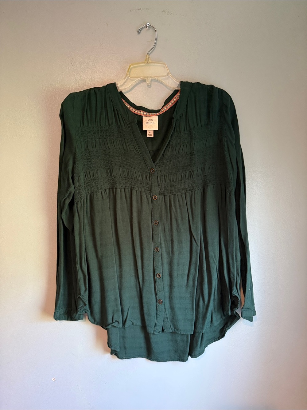 Knox Rose Forest Green Button-Front Peasant Top